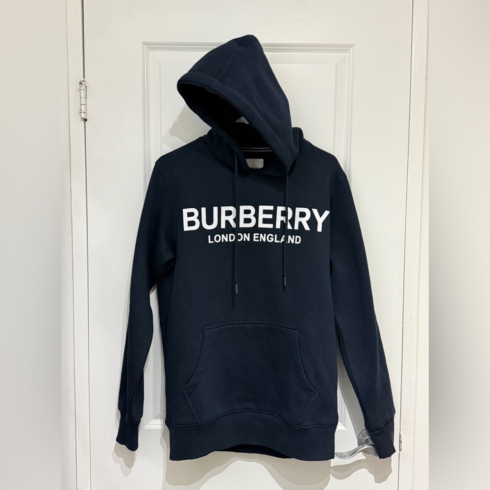 Burberry Men's Navy Hoodie with White Logo